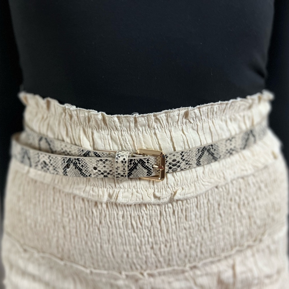 Cream & Black Snakeskin Faux Leather Skinny Belt